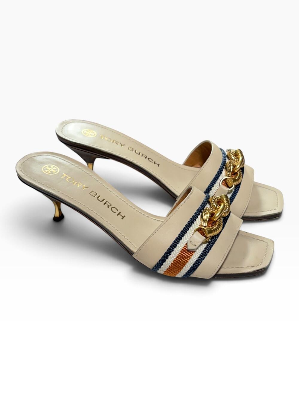 Tory Burch Ivory Leather Seahorse Kitten Heel Mule Sandals Size 9.5